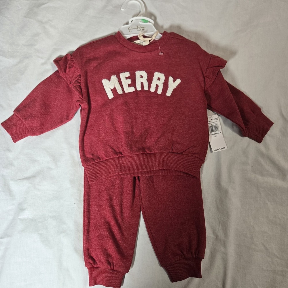Jessica Simpson Two-Piece Sweat Suit Outfit Red Merry Baby Girl 18MO‎ NWT